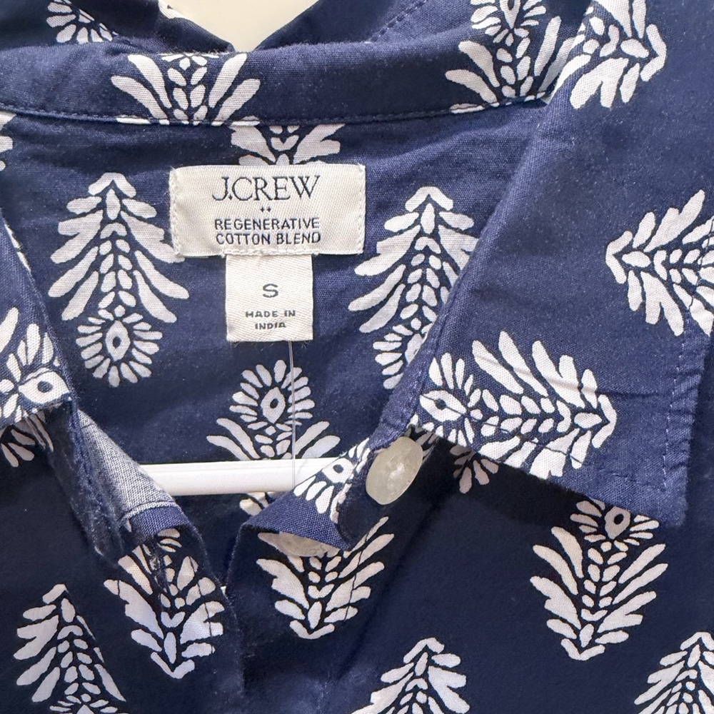 J. Crew Navy Button Down Shirt with White Leaf Design